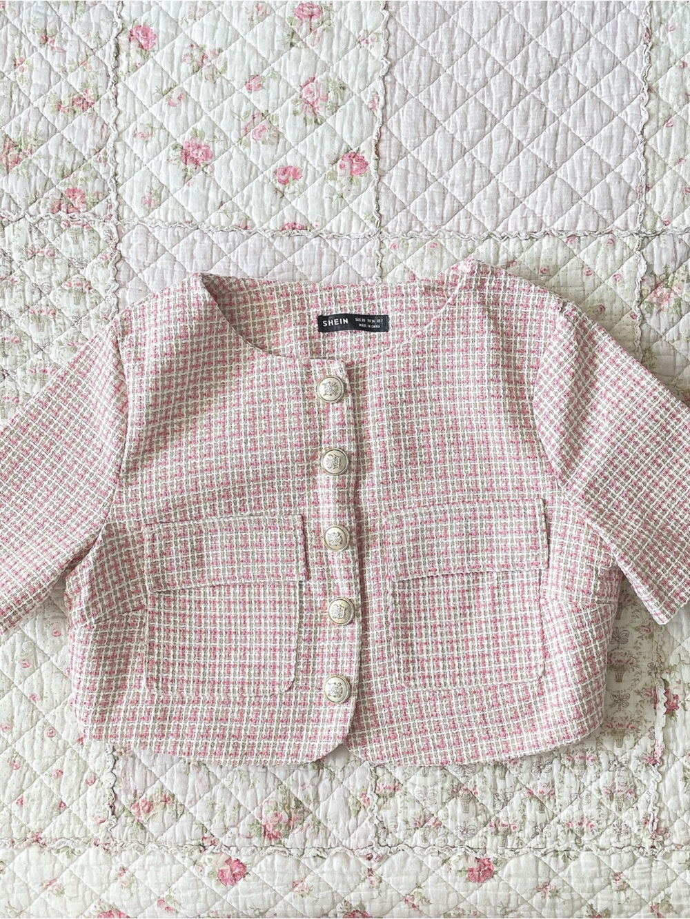 Cropped Pink & White Tweed Button-Up Top